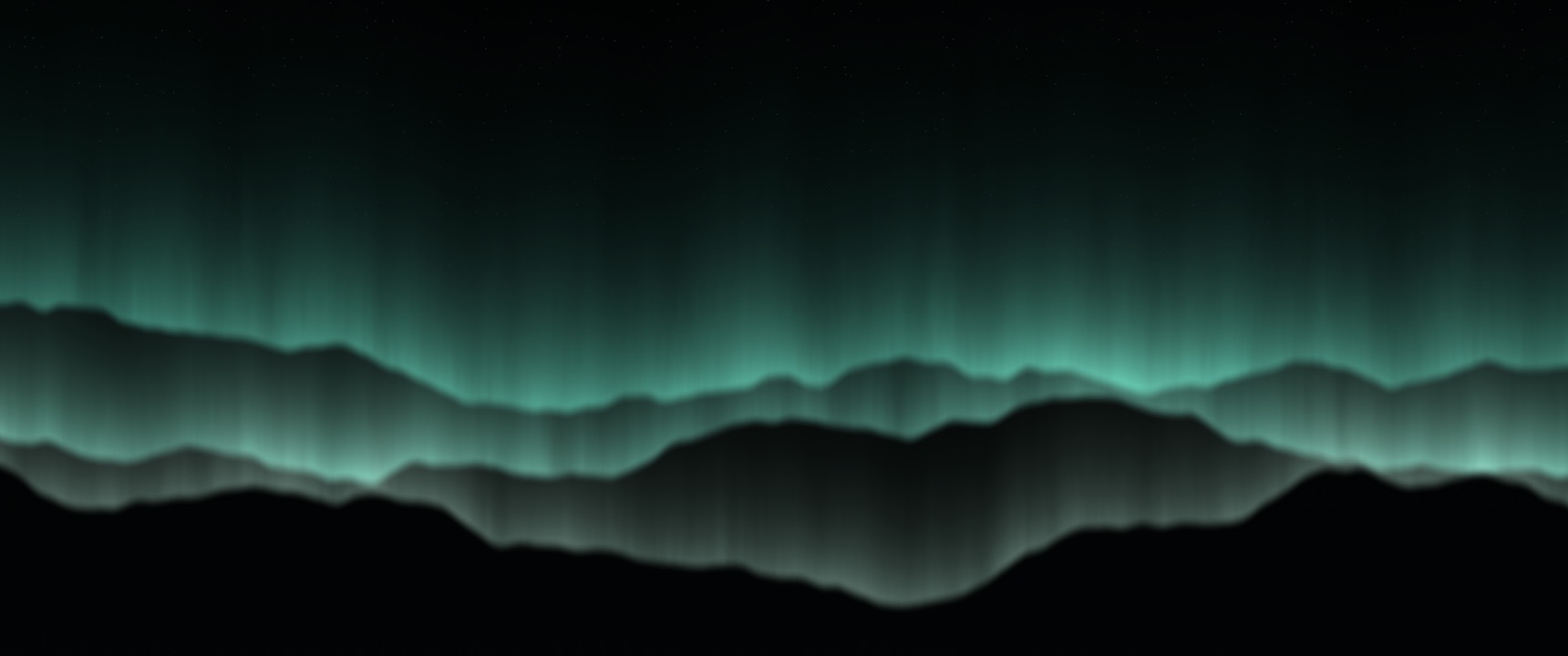 The Aurora Veil scene in the Lagoon palette: green light curtains rising over dark mountain ridges, filling an ultrawide desktop.